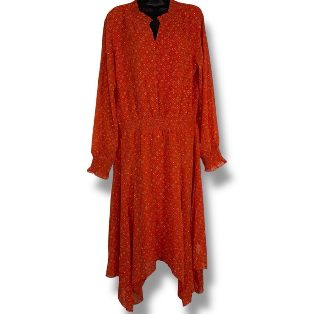 Large Peasant Dress Red Orange Flowy Long Sleeve Boho Bohemian Time And Tru